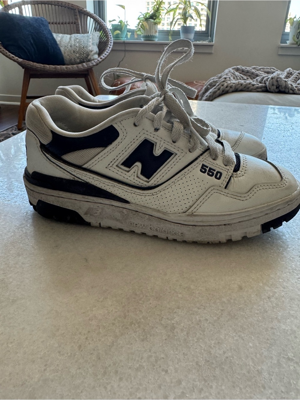 New Balance White and Navy 550 Women's Leather Sneakers